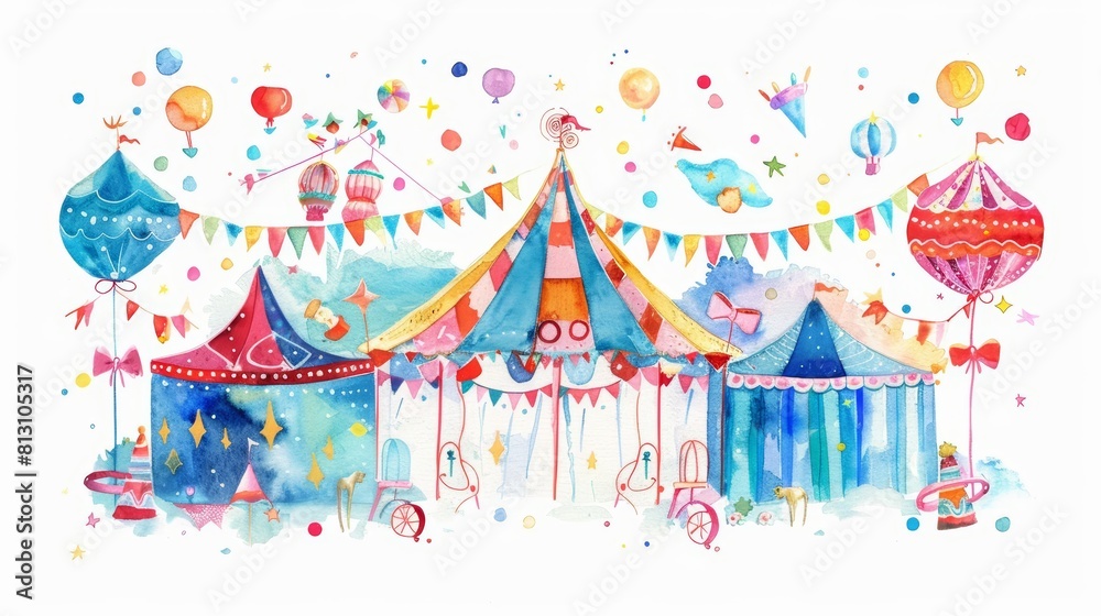 Watercolor depiction of a lively carnival with festive decorations, illustrated in a vibrant kawaii style, isolated on a white background Watercolor depiction of a lively carnival with festive decorations, illustrated in a vibrant kawaii style, isolated on a white background