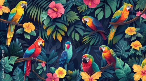 Tropical paradise flat design top view exotic bird rescue mission theme cartoon drawing Analogous Color Scheme