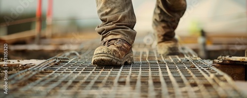 A view from behind of a worker's legs  in work boots walking on iron grates at a construction site. © *Lara*