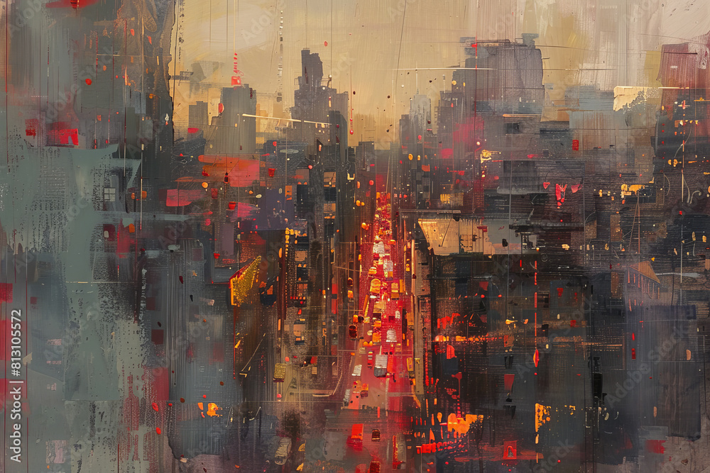 Obraz premium A painting of a city street with cars and buildings