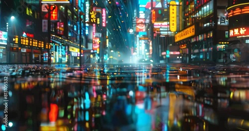Visionary 3D urban scene, neon-lit cityscape with holographic ads, reflecting on rain-soaked streets for an immersive experience. 3d backgrounds photo