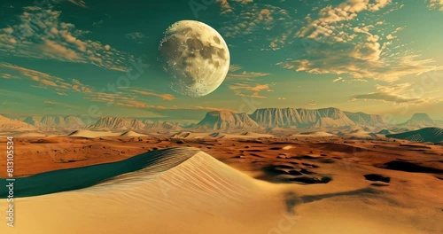 Otherworldly 3D desert showcases oversized sand dunes beneath a spectacularly huge moon, evoking a surreal and mystical atmosphere. 3d backgrounds photo