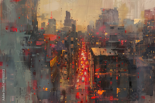 A painting of a city street with cars and buildings