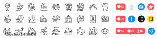 Ice cream, Gps and Crane claw machine line icons pack. Social media icons. Lounger, Eco bike, Journey web icon. Puzzle, Fireworks, Map pictogram. Mattress, Hold heart, Circus tent. Vector