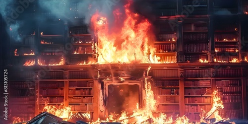 Arsonist Destroys Library, Causing Extensive Damage and Book Loss. Concept Library Fire, Arson Investigation, Book Restoration, Community Support, Preventing Future Incidents