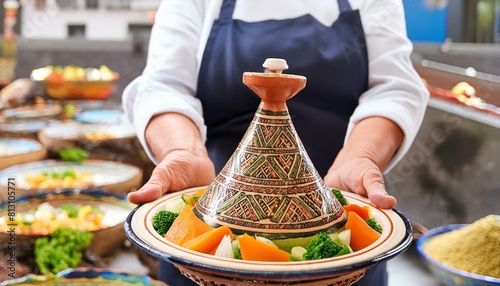 Moroccan Culinary Symphony- A talented Moroccan chef presents a tagine adorned with vegetabl photo