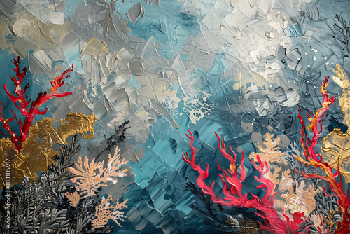 A painting of a coral reef with a blue sky in the background