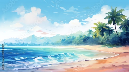 Illustration of beach with palm trees, sand is white and water is crystal clear blue, sky is blue and white clouds. The palm trees are green and lush.