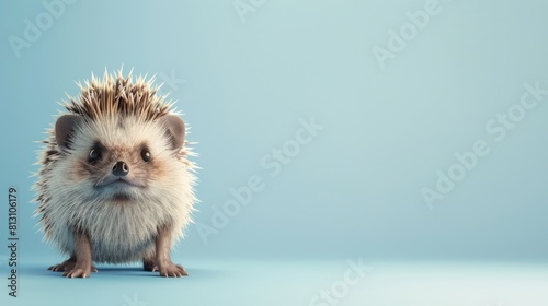 A cute little hedgehog is standing on a blue background. The hedgehog is looking at the camera with a curious expression with copy space with copy space photo