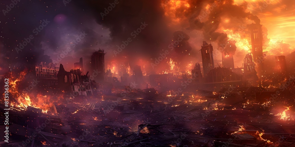 Apocalyptic Disaster Leaves City in Ruins and Flames. Concept Apocalyptic, Disaster, City, Ruins, Flames