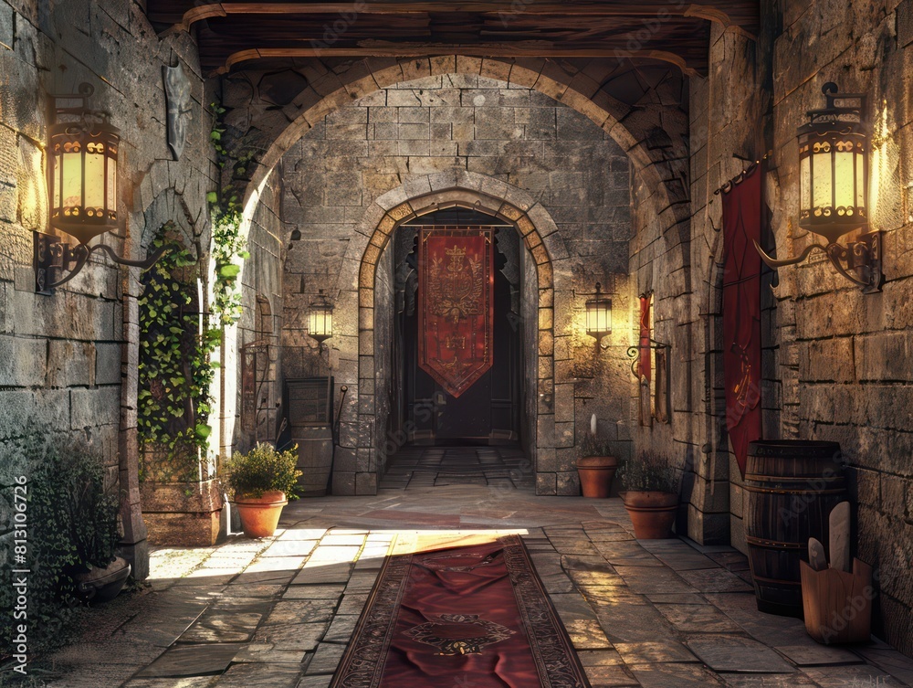 entrance hall inside a medieval castle Stock Illustration | Adobe Stock