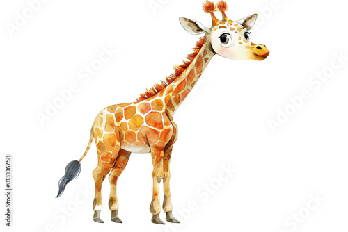 The image shows a cartoon giraffe with a long neck and brown and yellow fur. It is standing on a white background. The giraffe is smiling and looks happy, PNG Transparent background 