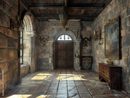 entrance hall inside a medieval castle