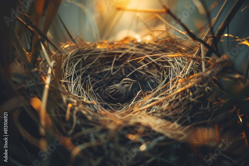 A small bird is sitting in a nest made of twigs and grass