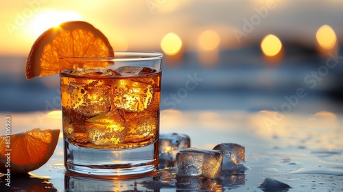 A glass of Campari-based cocktail with ice with a slice of orange on a table on a dark background photo