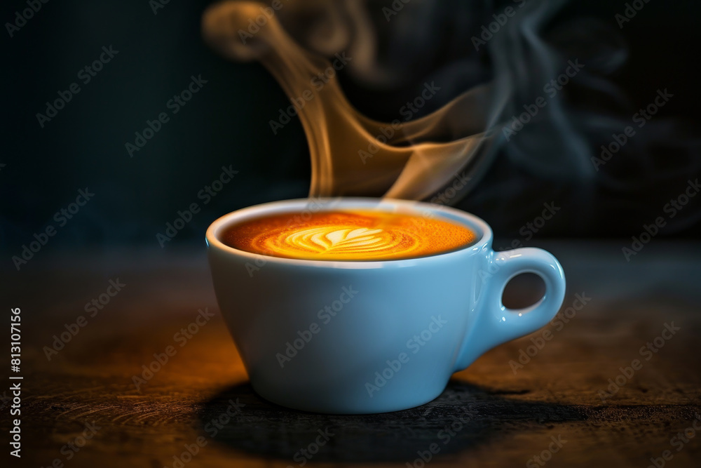 A white coffee cup with a leaf design on it sits on a wooden table A white coffee cup with a leaf design on it sits on a wooden table