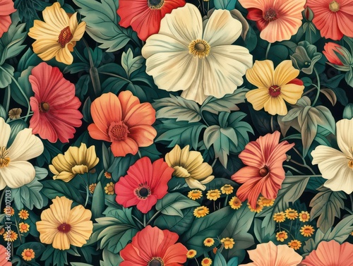 flowers pattern  flat design  white background  bright colors  watercolor style  green yellow and orange poppies  daisies  leaves  grasses  flowers in the foreground
