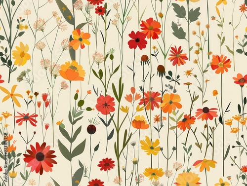 flowers pattern  flat design  white background  bright colors  watercolor style  green yellow and orange poppies  daisies  leaves  grasses  flowers in the foreground