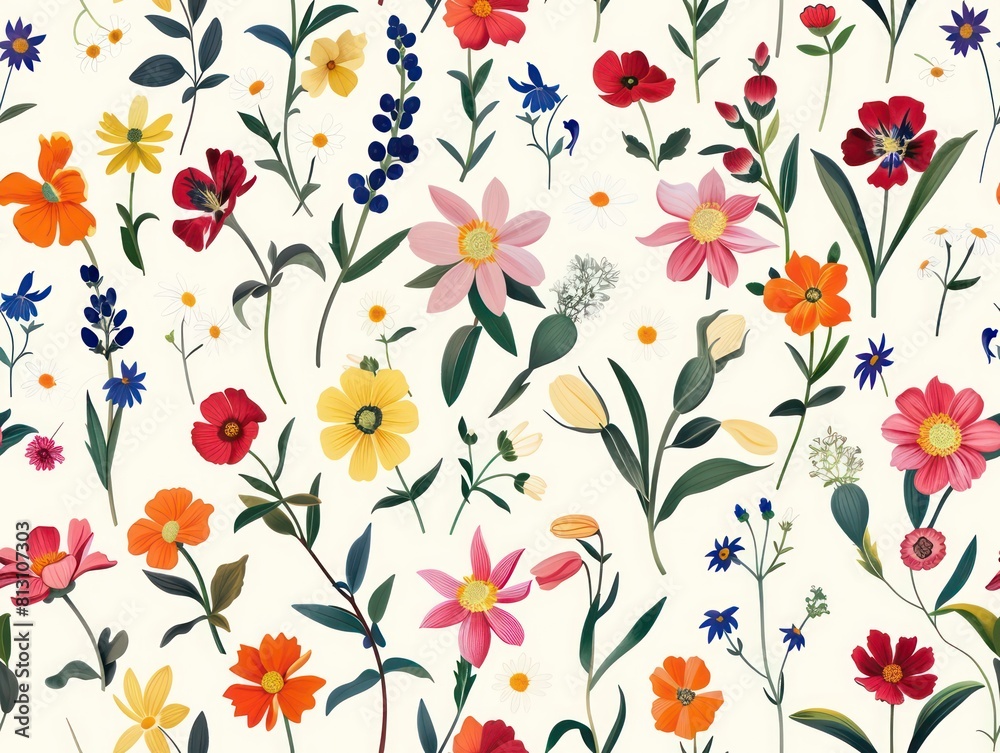 flowers pattern, flat design, white background, bright colors, watercolor style, green yellow and orange poppies, daisies, leaves, grasses, flowers in the foreground