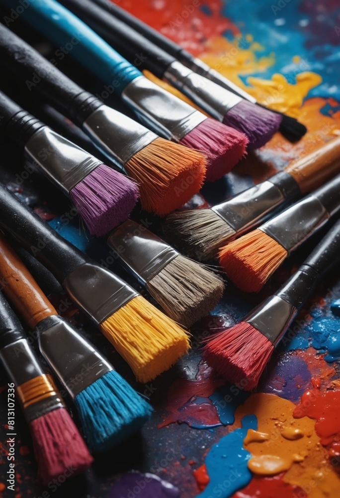 Fototapeta premium Artistic brushes displayed in front of a vibrant painting