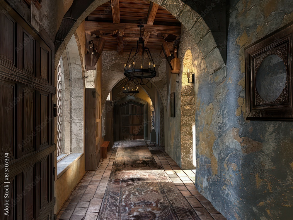 hallway inside a medieval castle hallway inside a medieval castle