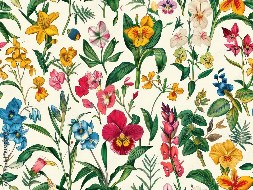 flowers pattern, flat design, white background, bright colors, watercolor style, green yellow and orange poppies, daisies, leaves, grasses, flowers in the foreground