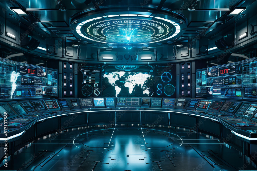 A computer room with a large monitor that shows a map of the world A computer room with a large monitor that shows a map of the world