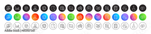 Timer, Messenger mail and Support line icons. Round icon gradient buttons. Pack of Credit card, Paint brush, Video conference icon. Chemistry lab, Checklist, Search document pictogram. Vector