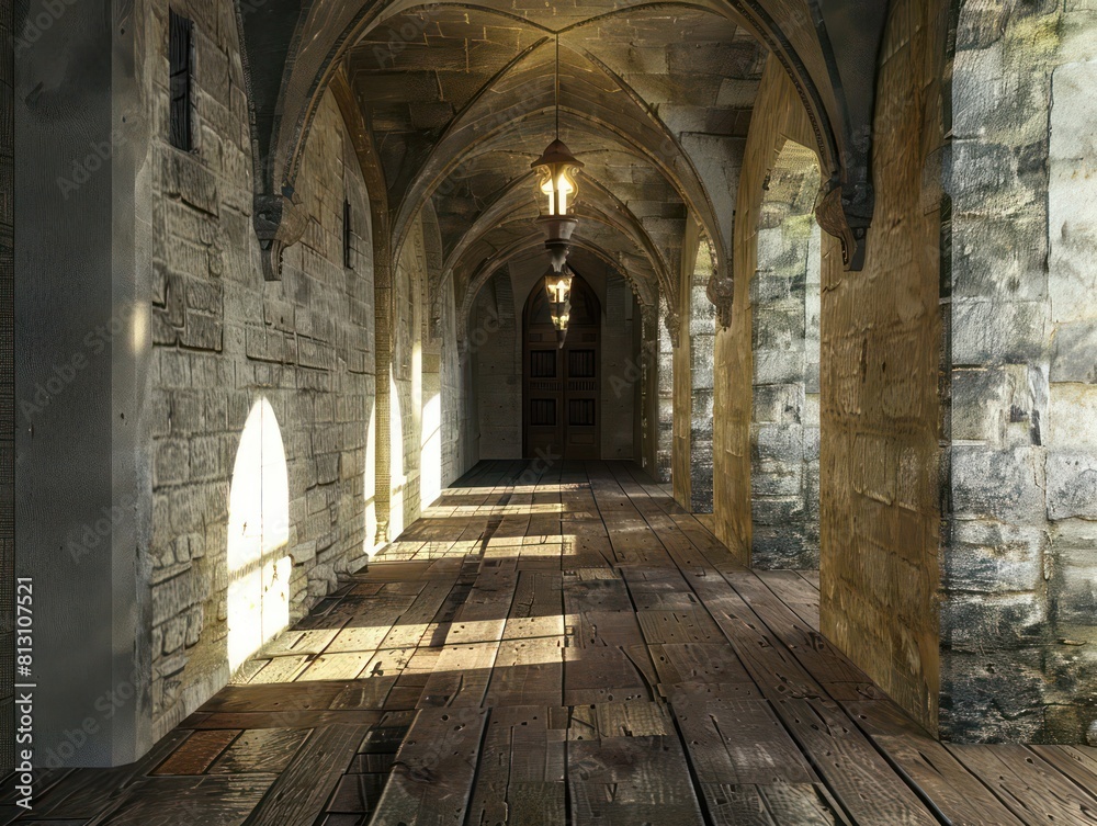 hallway inside a medieval castle hallway inside a medieval castle