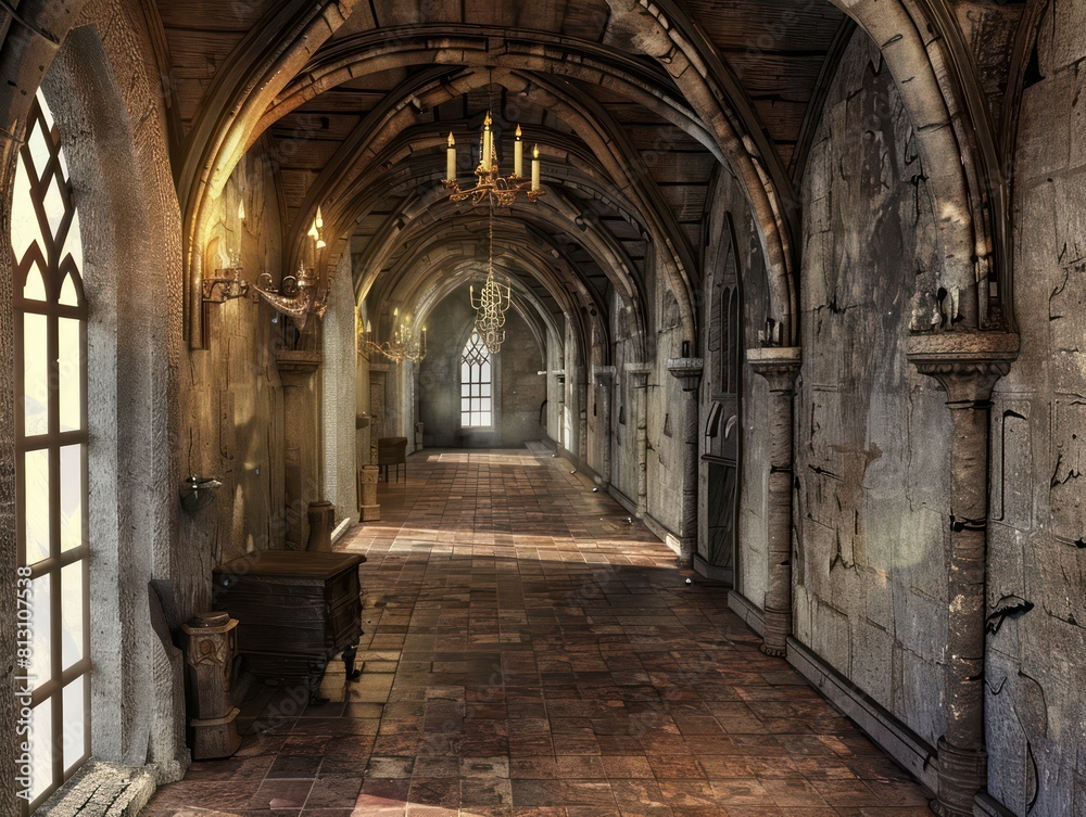 hallway inside a medieval castle hallway inside a medieval castle