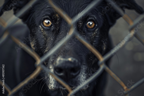 A black dog with brown eyes is looking through a chain link fence © Formoney