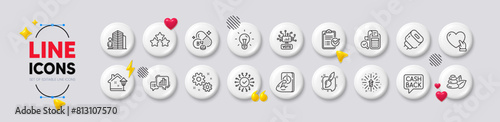 Fitness, Bill accounting and Survey checklist line icons. White buttons 3d icons. Pack of Painting brush, Street light, Online voting icon. Security network, Work, Volunteer pictogram. Vector