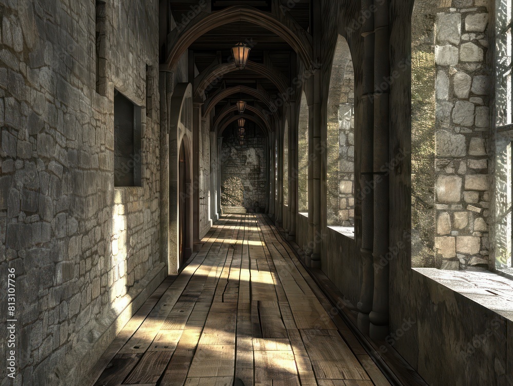 hallway inside a medieval castle hallway inside a medieval castle