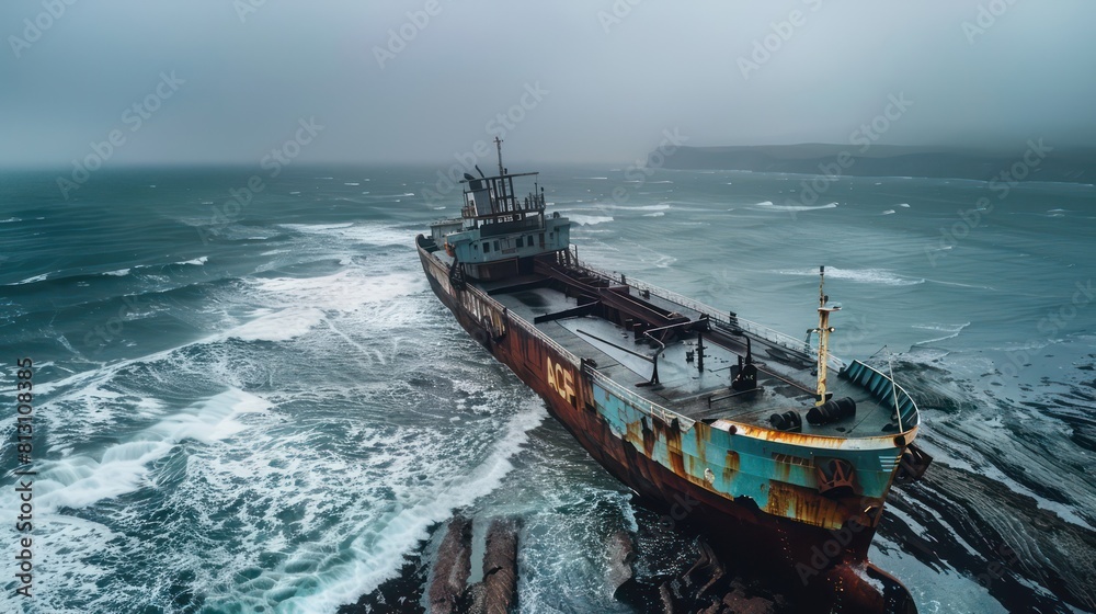 rusty container-ship lying on the beach shore rusty container-ship lying on the beach shore