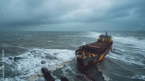 rusty container-ship lying on the beach shore