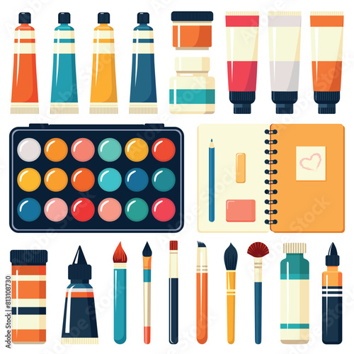 Set of art school materials. Paints, brushes, pencil, eraser, palette