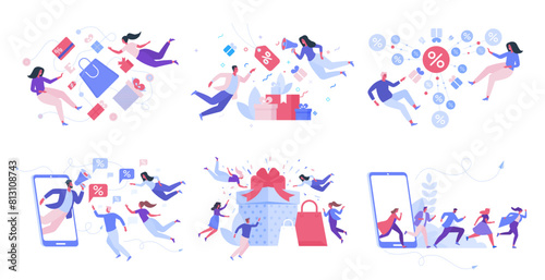Discount and loyalty marketing program for regular customers. Making order at online store. Customer service, rewards card points concept. Vector illustration with people. Hero image for website.
