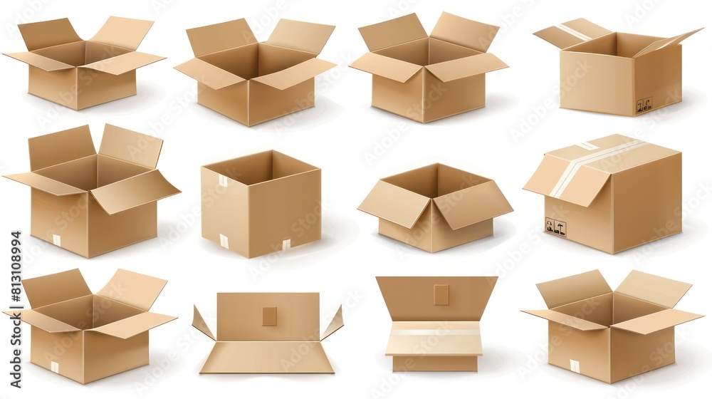 3d cardboard box, different angles, white background 3d cardboard box, different angles, white background