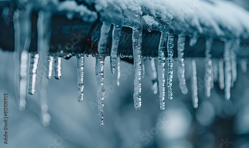 A captivating of icicles hanging from a roof  glistening in the sunlight. 