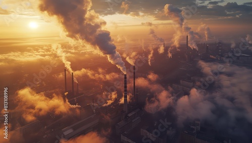 industrial city with large smokestacks  clouds of pollution on sunset