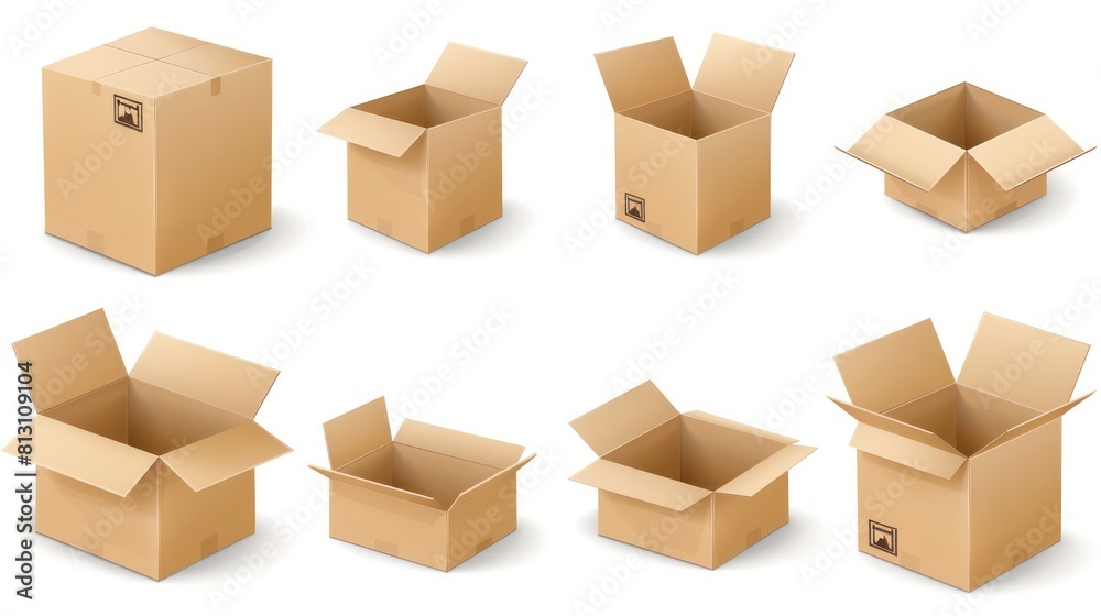 3d cardboard box, different angles, white background 3d cardboard box, different angles, white background