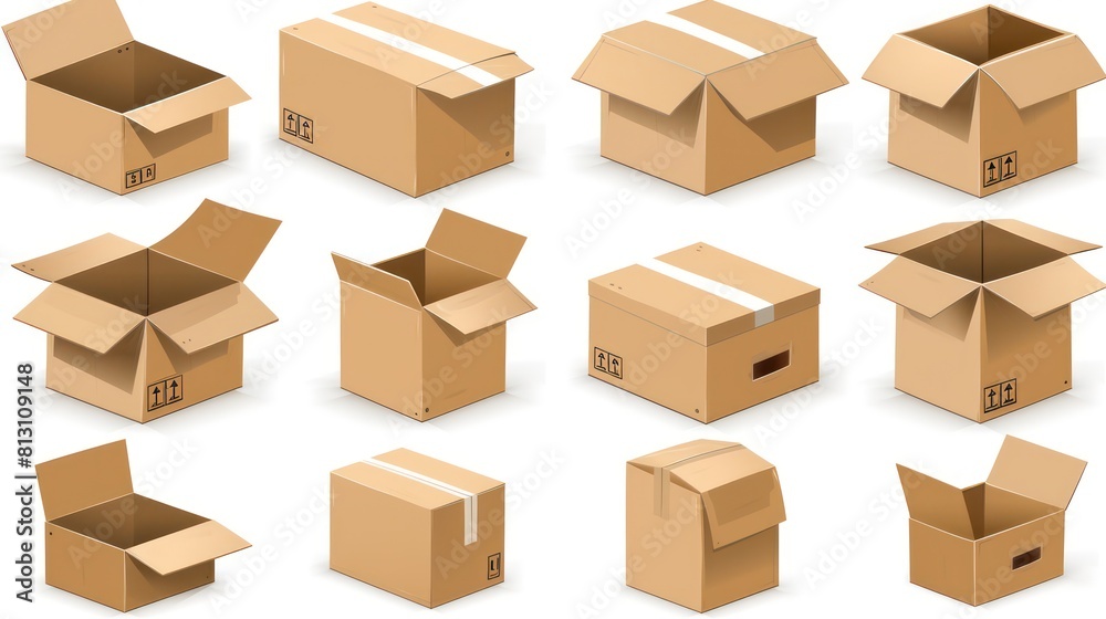 3d cardboard box, different angles, white background 3d cardboard box, different angles, white background
