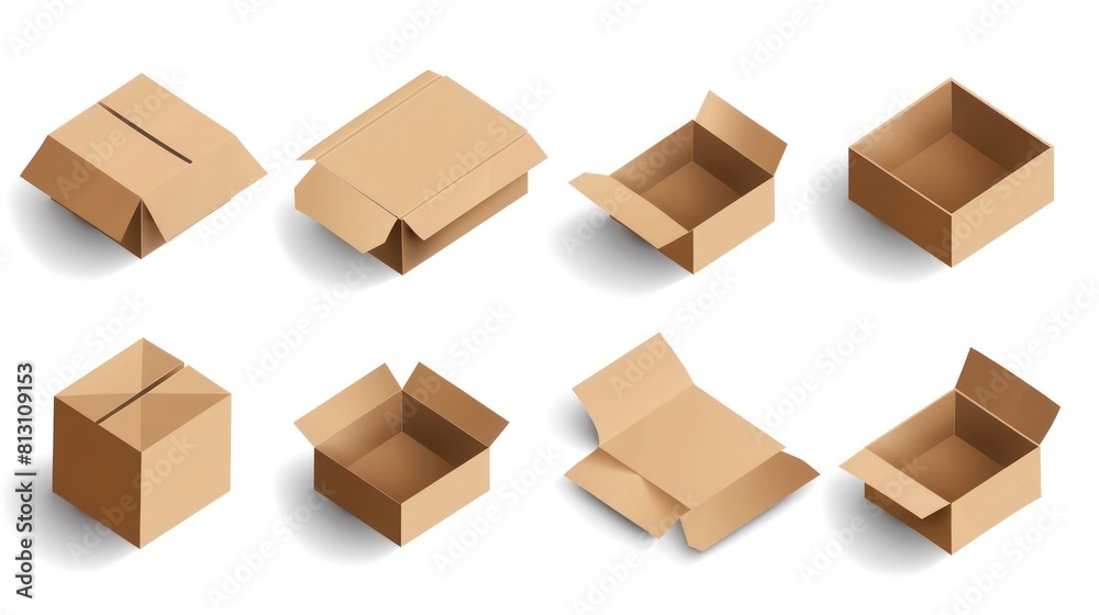 3d cardboard box, different angles, white background 3d cardboard box, different angles, white background