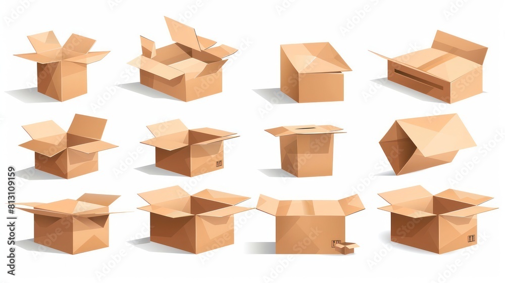 3d cardboard box, different angles, white background 3d cardboard box, different angles, white background