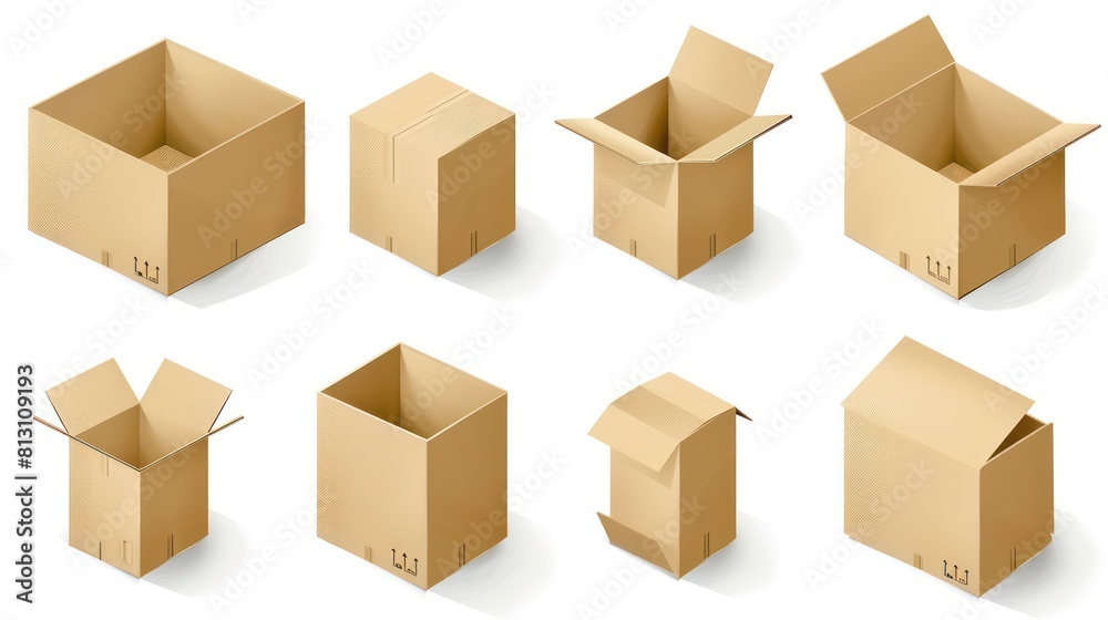 3d cardboard box, different angles, white background 3d cardboard box, different angles, white background