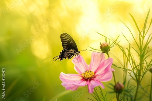 Beautiful pink flower Cosmos bipinnatus and butterfly on natural green-yellow background, close-up, outdoors. Elegant refined image of beauty of nature. photo