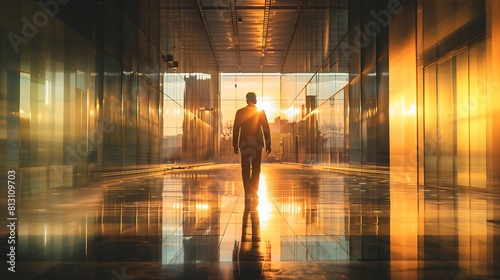Homem de negócios bem sucedido, imagem empresarial, caminhando no corredor com o sol destacando photo