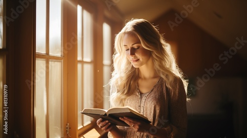 Mulher lendo a biblia e orando enquanto a luz da janela ilumina sua leitura