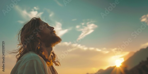 Fotogafia Jesus Cristo, no por do sol, falando com o pai photo
