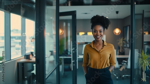 Mulher negra empresaria sorridente e com cabelo estilo afro em um escritório criativo photo